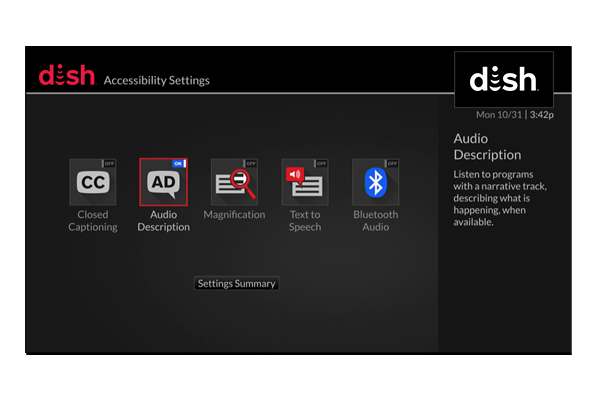 icon of audio description as it appears on TV screen with DISH TV receiver shown in a selected state