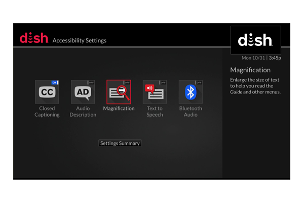 icon of screen magnification as it appears on TV screen with DISH TV receiver shown in a selected state