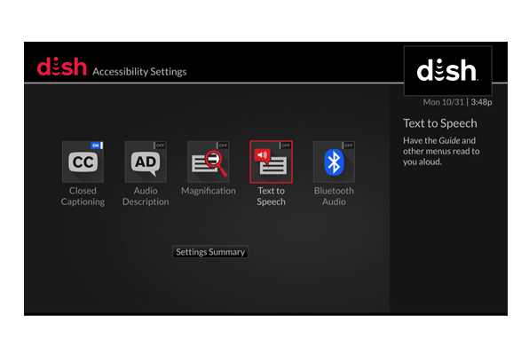 Icon of text to speech as it appears on TV screen with DISH TV receiver shown in a selected state