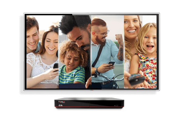 DISH Hopper 3 DVR and an image of happy customers