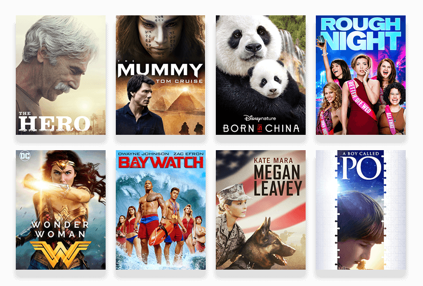 8 movie posters: The Hero, The Mummy, Born in China, Rough Night, Wonder Woman, Baywatch, Megan Leavey, A Boy Called Po